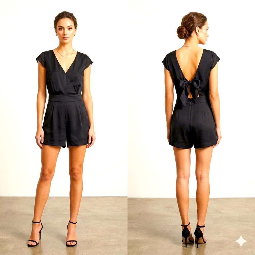 Bebe “Emma” Bow Back Tie V-Neck Silky Jumpsuit Romper Size XS